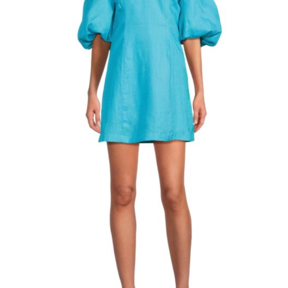 RHODE resort Dali puff sleeve linen Vibrant Blue Mini Dress